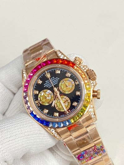 Rolex Rainbow Daytona Rose Gold Diamond Dial Cal 7750 Movement 316L Steel Watch